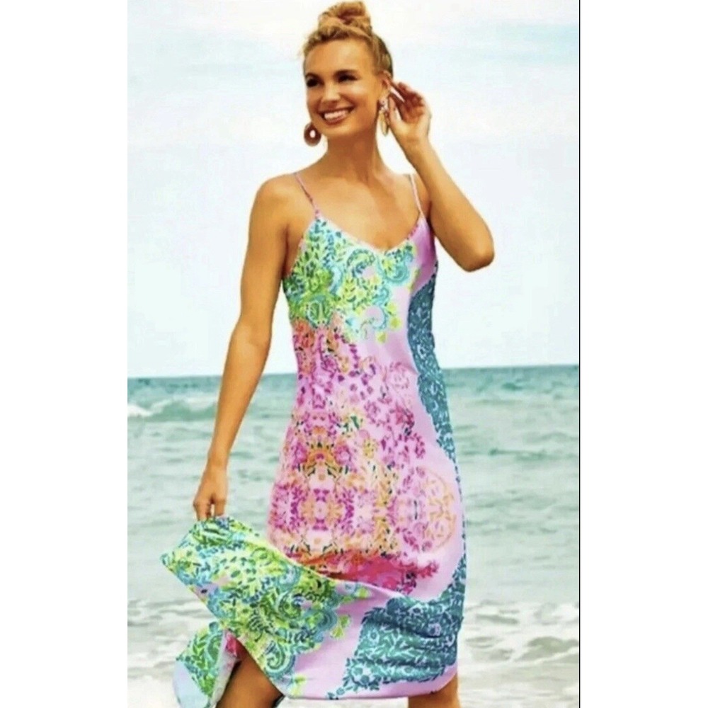Lilly‎ Pulitzer Bellalyn Satin Midi Slip Dress Sunshine Vibes Engineered Multi M